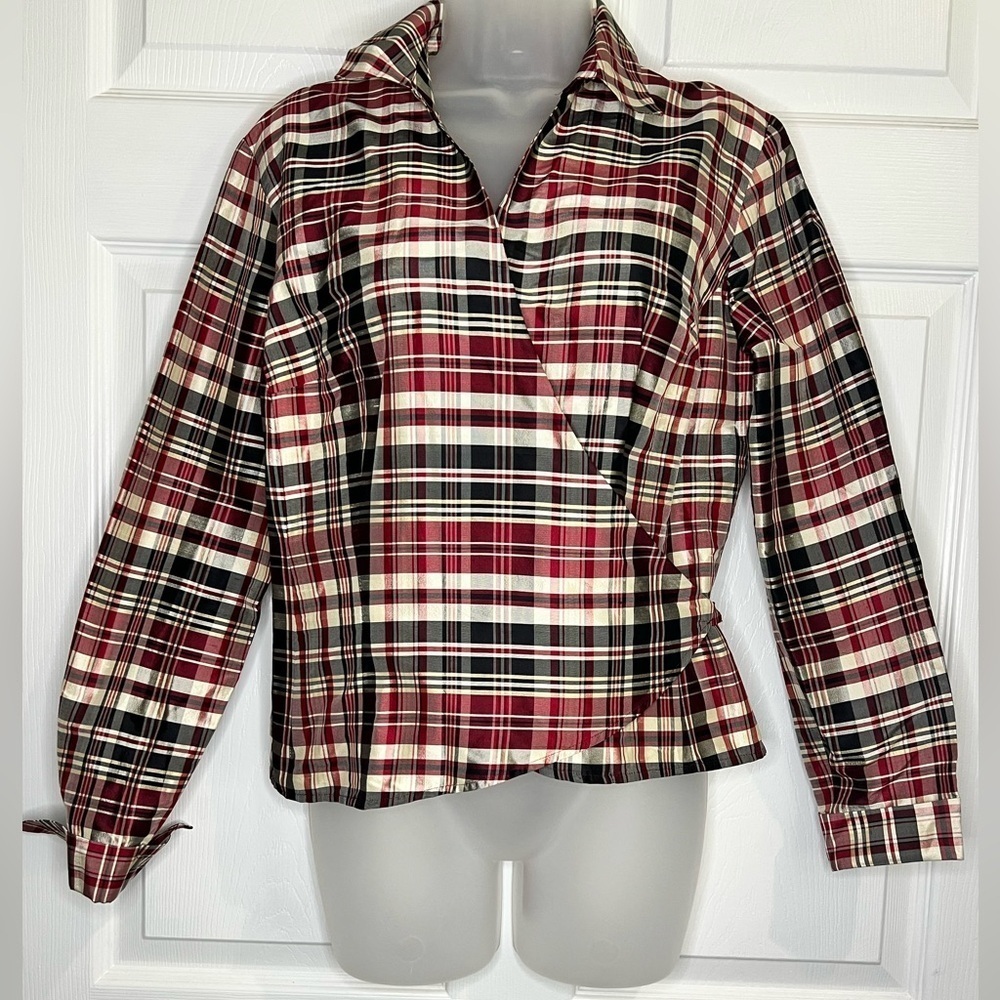 Vintage Ann Taylor Plaid Collared Wrap Blouse - Size 12 Petite - 100% Silk - Picture 1 of 6